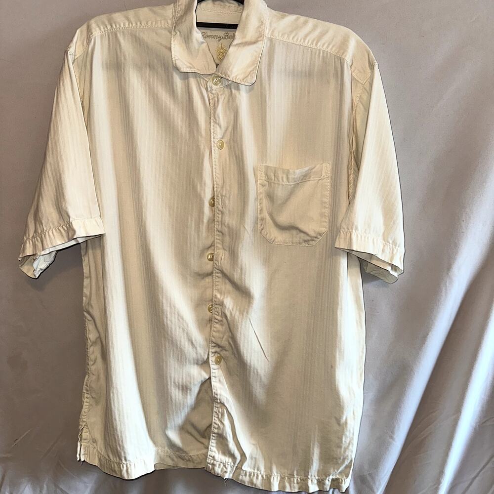 Tommy Bahama Shirt Mens Large Cream Striped Silk Button Up Hawaiian Relax